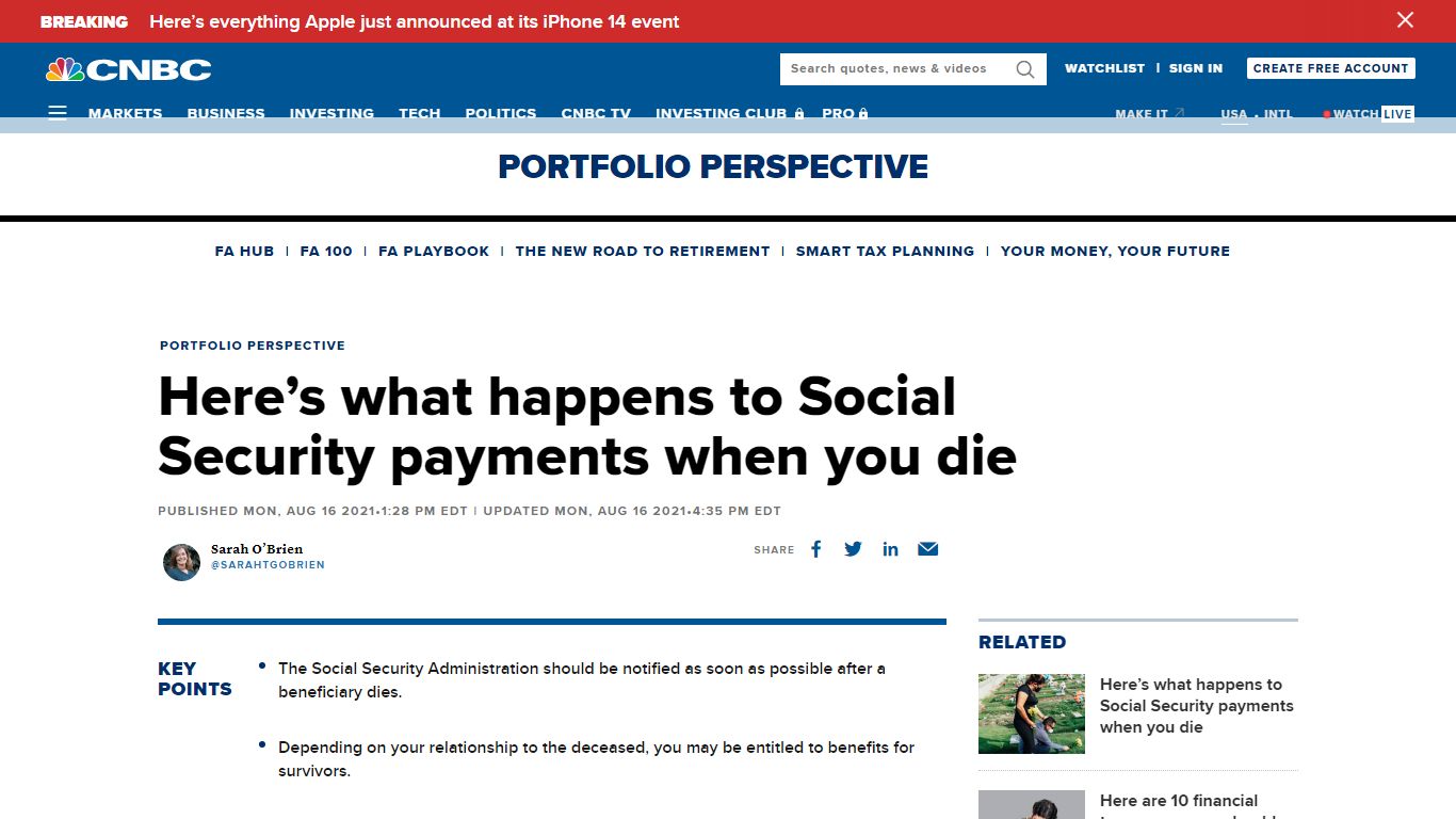 Here's what happens to Social Security payments when you die - CNBC